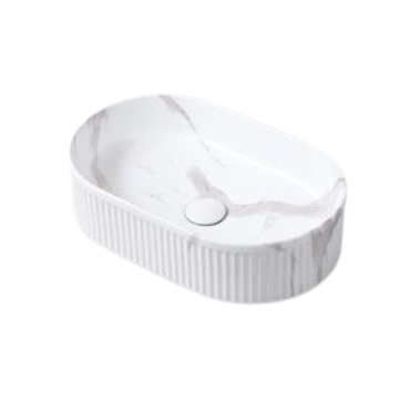 Keramische ovale opbouw waskom Corinto Calacatta 49,5x31cm wit marmer 