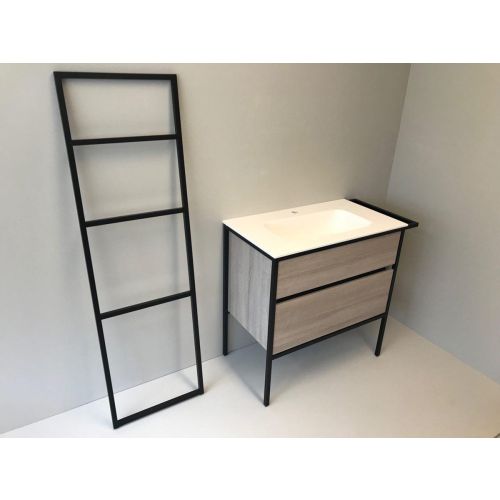 Badmeubelset 3-delig Eternal 90cm eiken - mat zwart met solid surface wastafel en handdoekrek