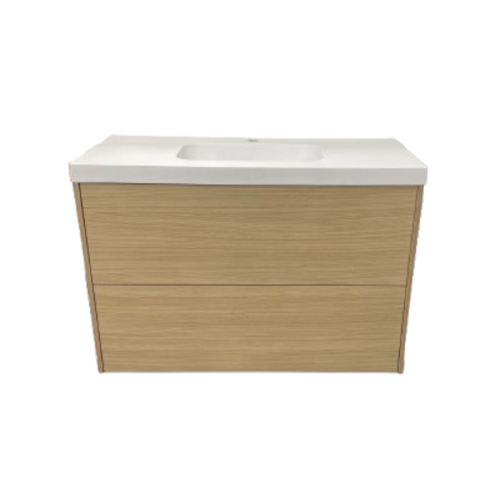 Badmeubel Box 100cm licht eiken met composiet wastafel 5cm mat wit